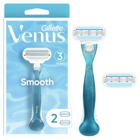 Venus Smooth Women's Razor Handle with 2 Blade Refills, Blue
